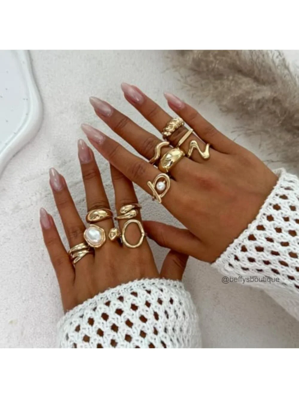 Chunky Baroque Pearl Ring Set for Women Stacking Adjustable Gold Tone Jewelry